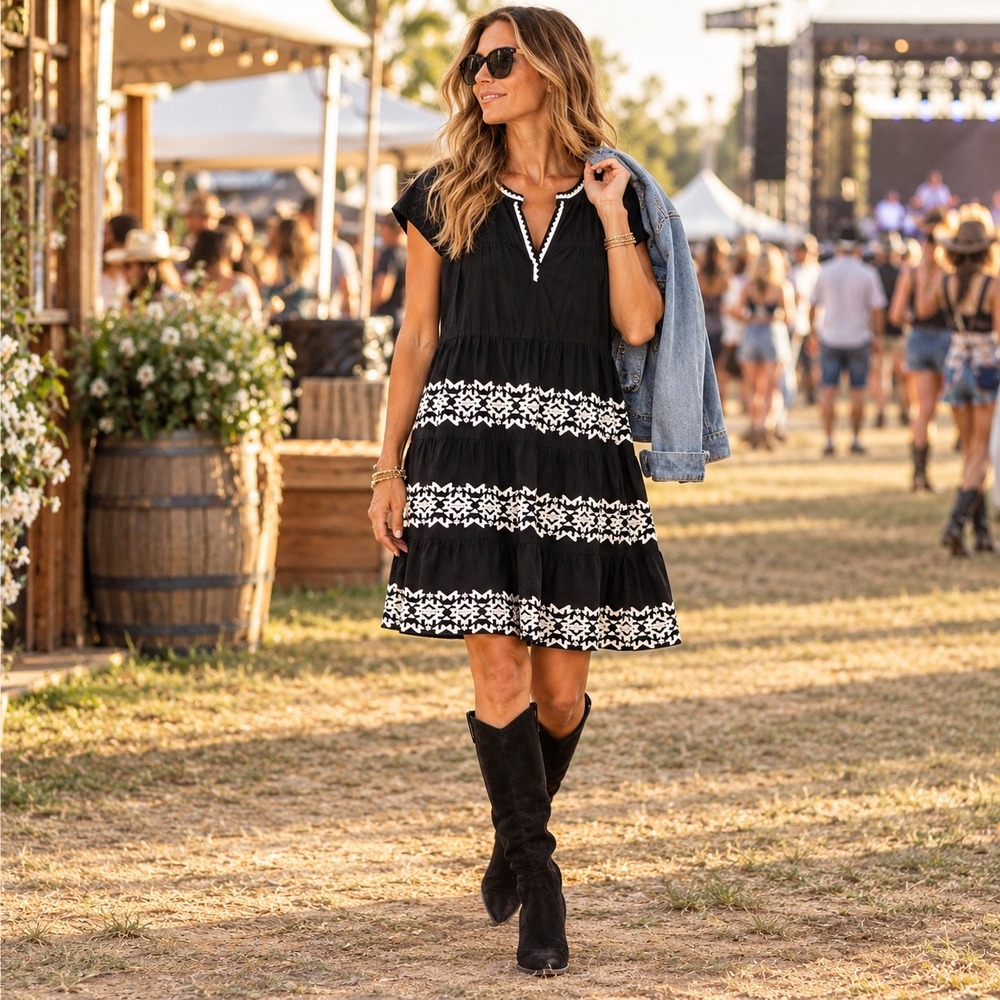 Roller Rabbit Black White Embroidered Tiered Cotton Dress Size Large Boho